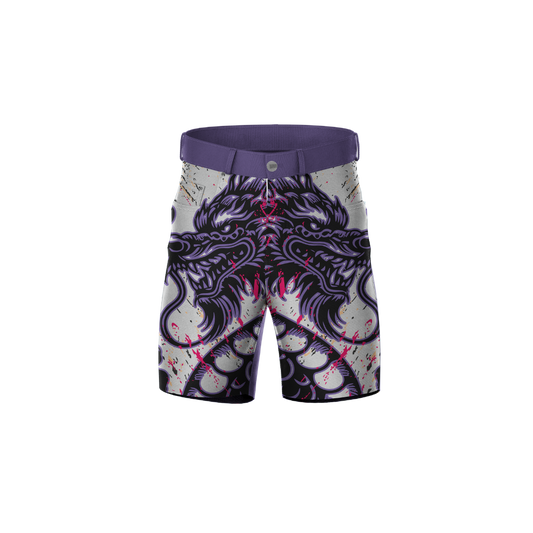 Majestic Dragon Premium Shorts featuring a bold dragon print on black fabric.