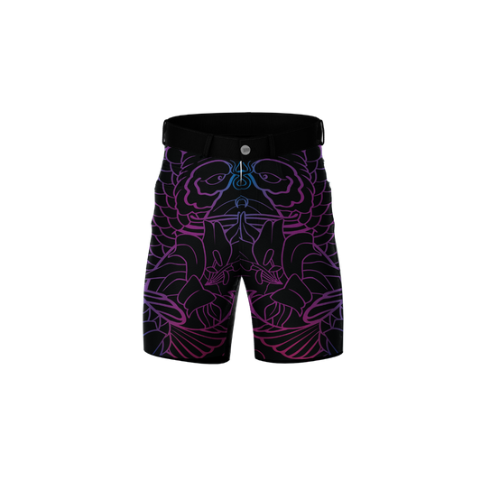 Neon Koi Premium Shorts featuring a bold neon koi fish design, showcasing vibrant colors.