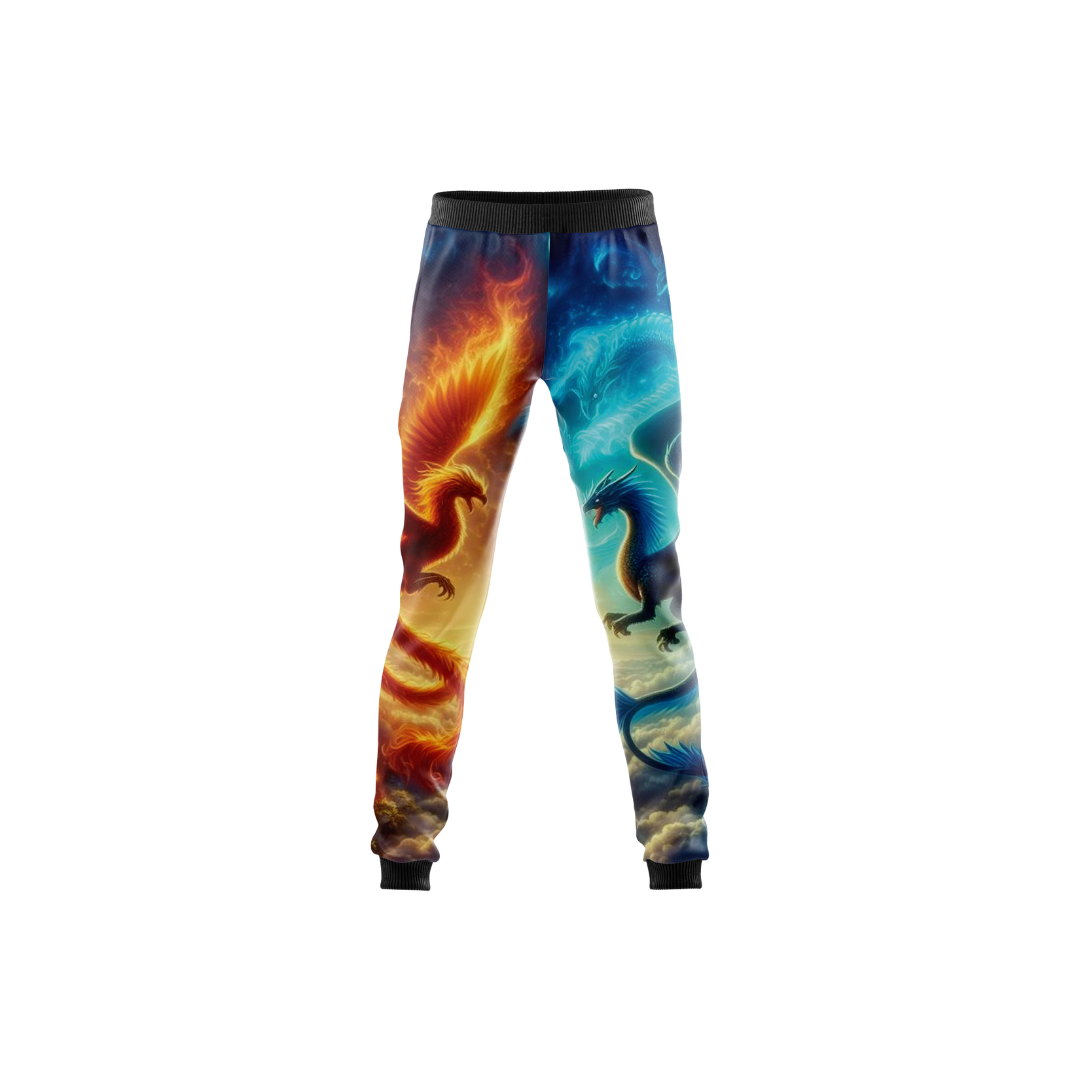 Phoenix Pants featuring a bold fire-inspired design, front view