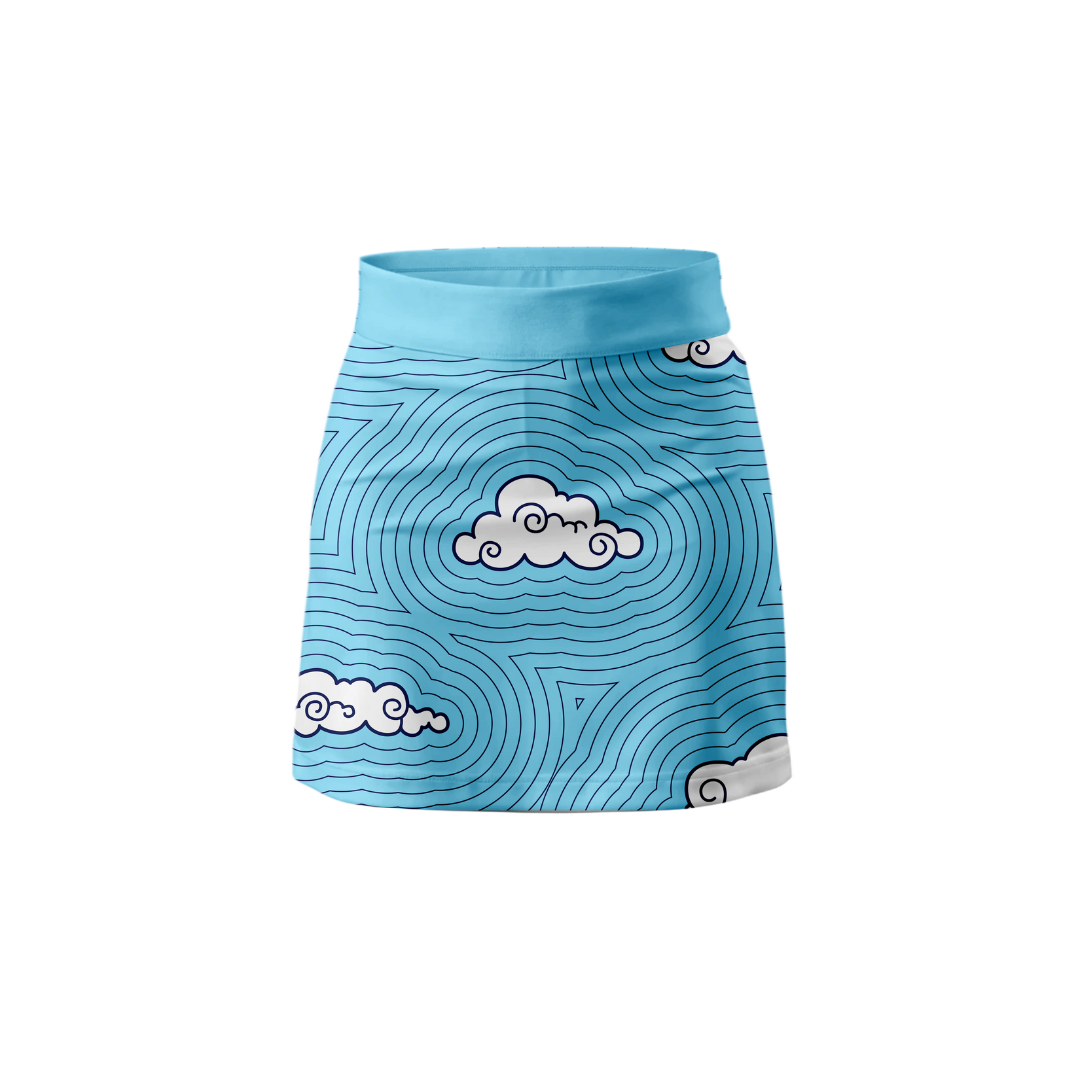 Front view of Women's Premium Clouds Skort featuring a serene cloud pattern and built-in shorts.