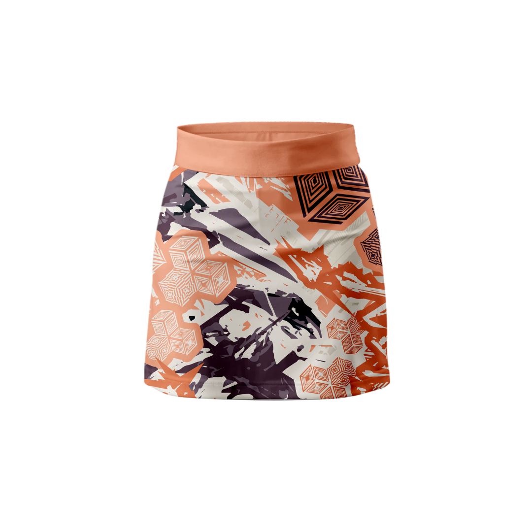 Front View – Cubic Orange Women's Skort with geometric pattern.