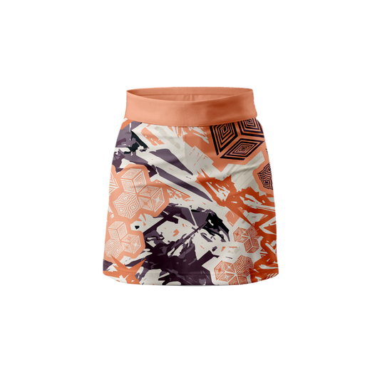 Front View – Cubic Orange Women's Skort with geometric pattern.