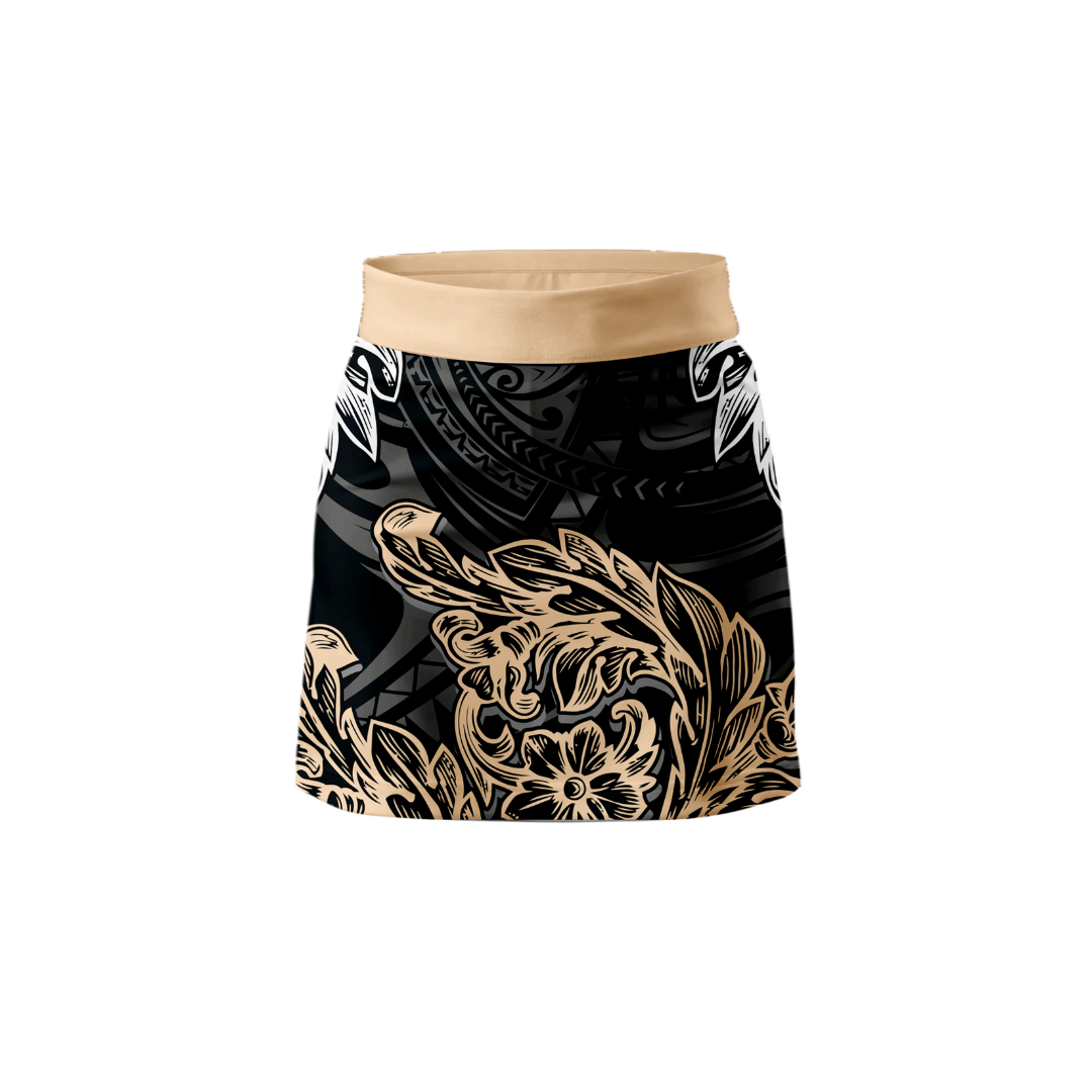 Front view of Women's Gold Polynesian Athletic Skort with vibrant pattern