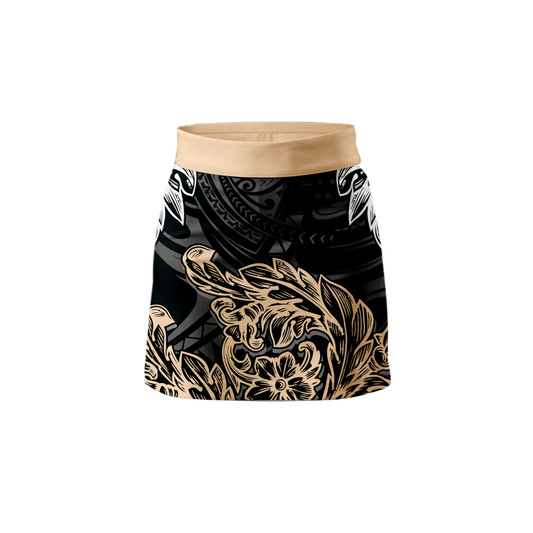 Front view of Women's Gold Polynesian Athletic Skort with vibrant pattern