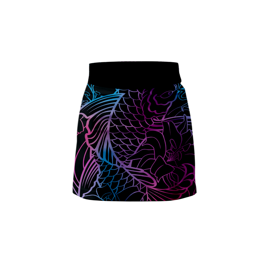 Front view of Neon Koi Women's Premium Bowling Skort showcasing vibrant neon koi design.