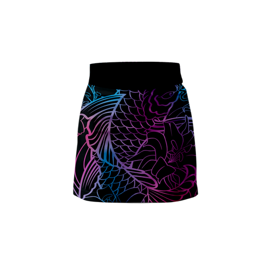 Front view of Neon Koi Women's Premium Bowling Skort showcasing vibrant neon koi design.