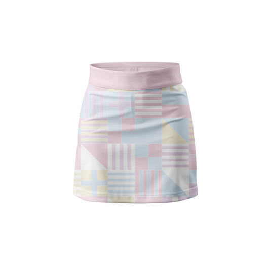 Front view of Pastel Lines Women's Premium Bowling Skort showcasing vibrant pastel line pattern.