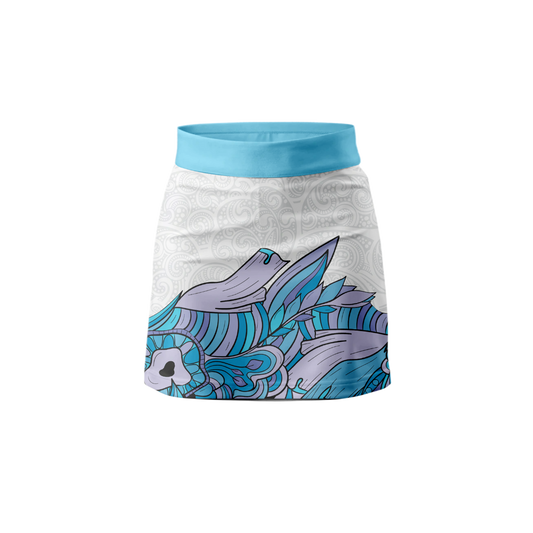 Front View – Polynesian Blue Tribe Skort with bold tribal print.