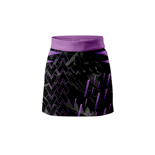 Front View – Purple Stamps Skort with a vibrant artistic pattern.