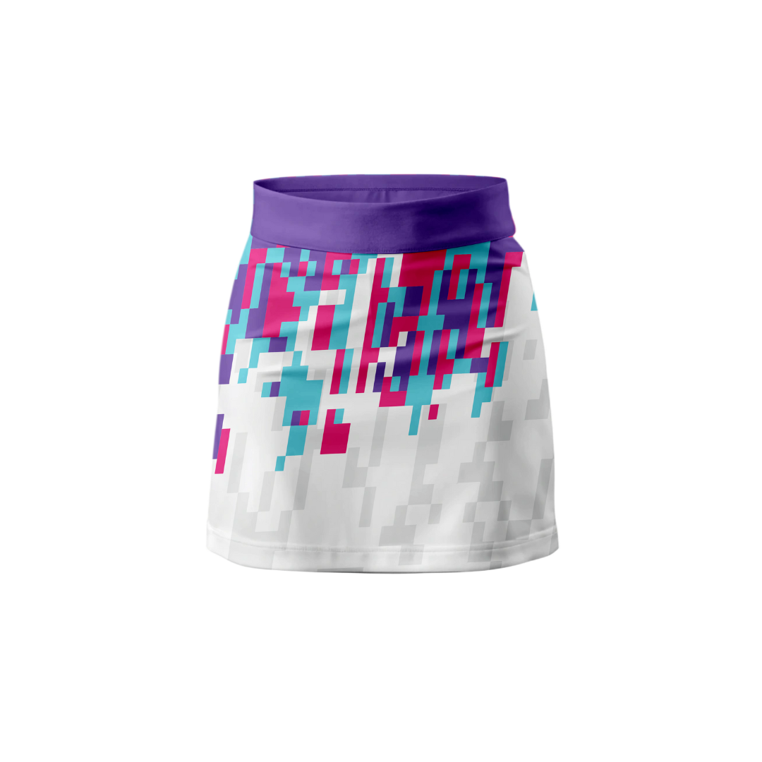 Front View – Techno Bits Skort featuring a futuristic digital print design.