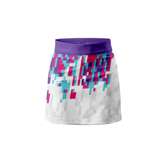 Front View – Techno Bits Skort featuring a futuristic digital print design.