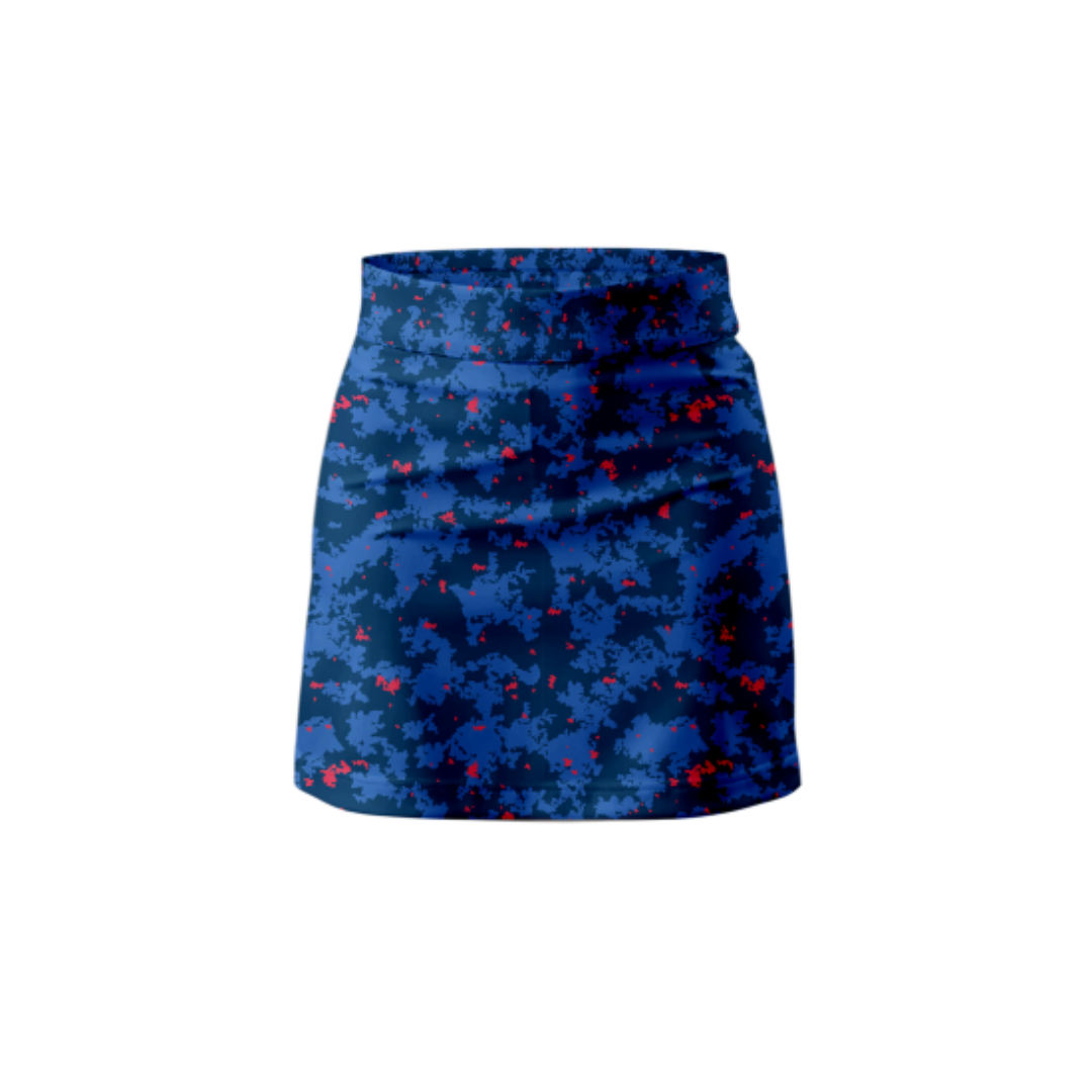 Front View – Blue Forest Skort featuring a unique nature-inspired pattern.