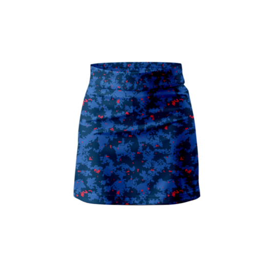 Front View – Blue Forest Skort featuring a unique nature-inspired pattern.