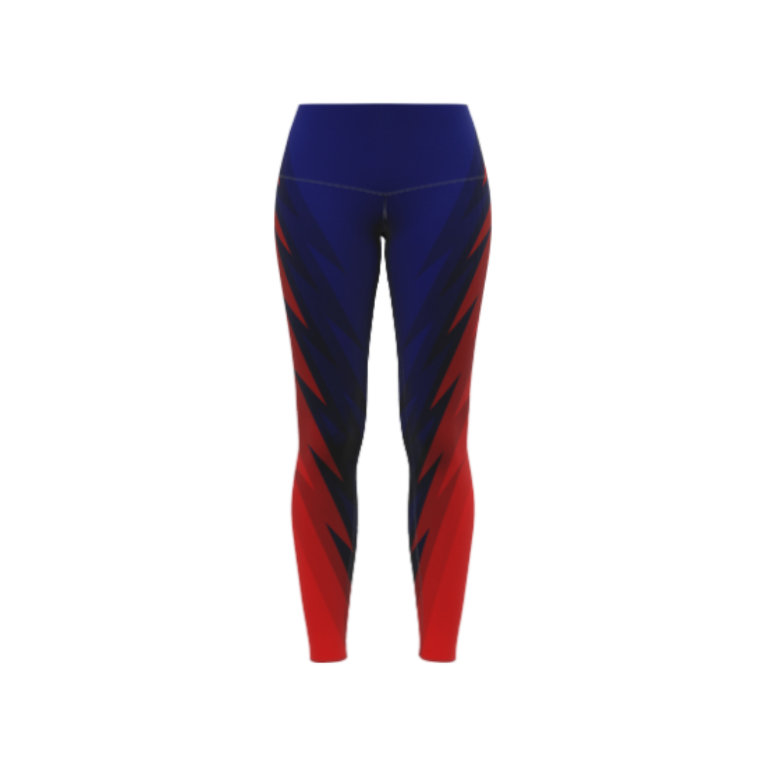 Front view of Blue Red Diversion Leggings showcasing vibrant design