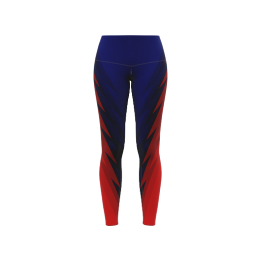 Front view of Blue Red Diversion Leggings showcasing vibrant design