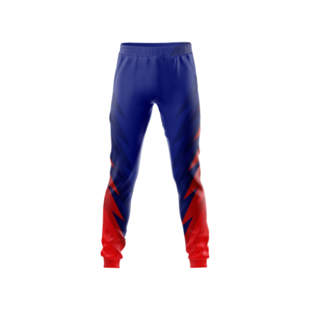 Front view of Men's Blue Red Diversion Pants showcasing vibrant blue and red design.