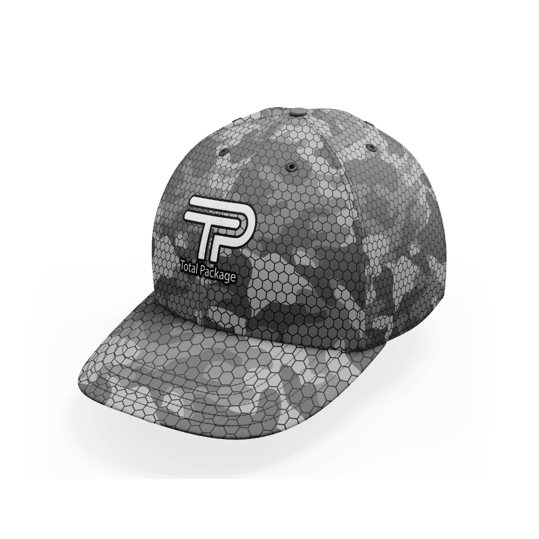 Hexagonal patterned cap with Total Package logo on a white background