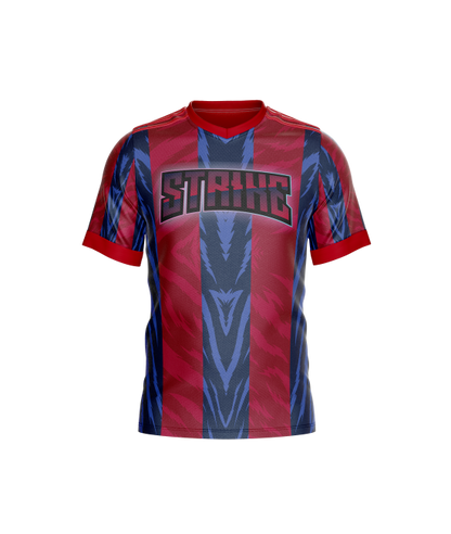 A sports uniform consisting of a red and blue striped jersey with the text 'STRONGER' on the front.