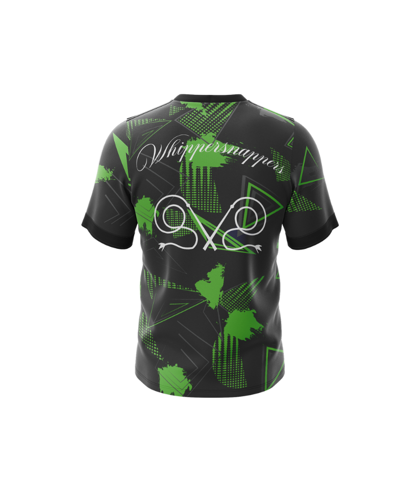 Black t-shirt with green geometric pattern and brand logo on a white background