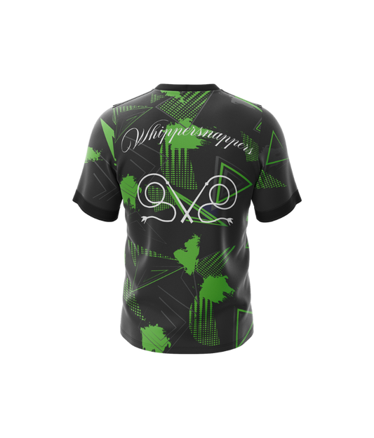 Black t-shirt with green geometric pattern and brand logo on a white background