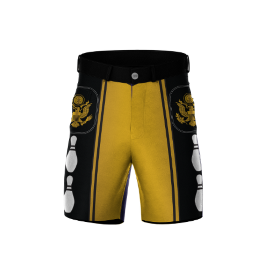 Yellow Badge Bowling Shorts featuring breathable fabric and stretch fit for comfort